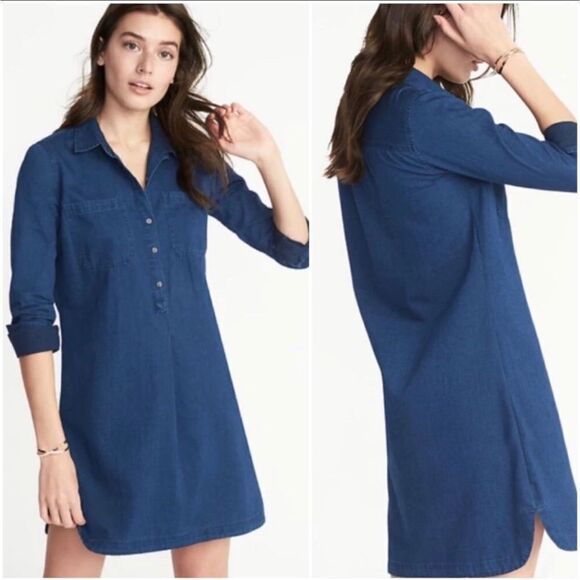Old Navy Dark Navy Wash Chambray Long Sleeve Shirt Dress 100% Cotton Size XS - Picture 1 of 10